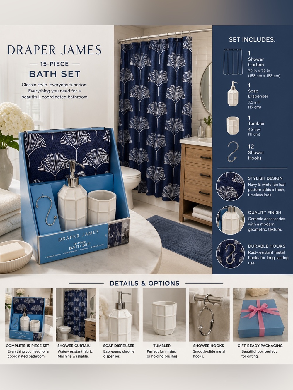 15PCS Draper James Navy & White Ceramic Bath Accessory Set/Floral Shower Towel